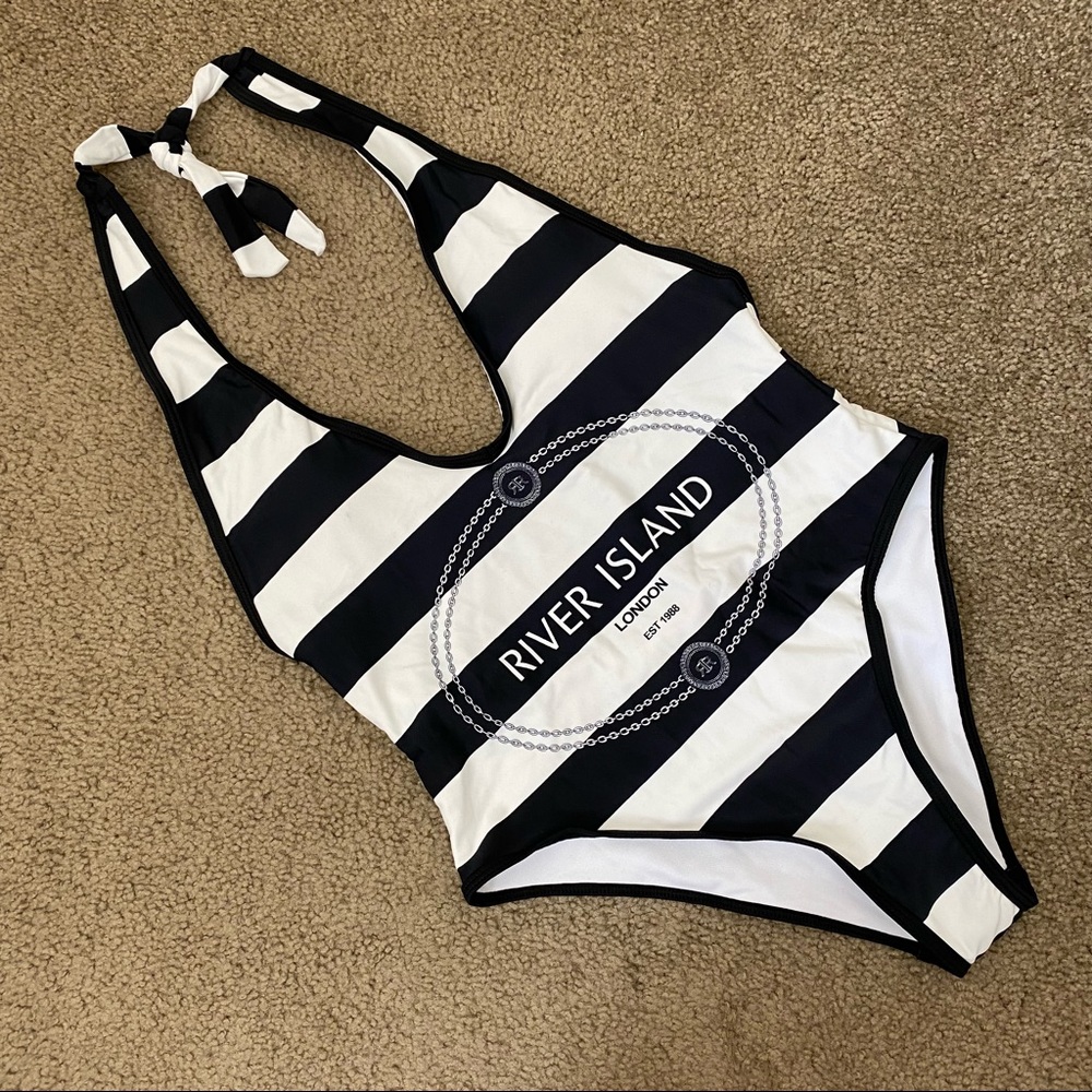 River Island Black and White Striped One-Piece Swimsuit